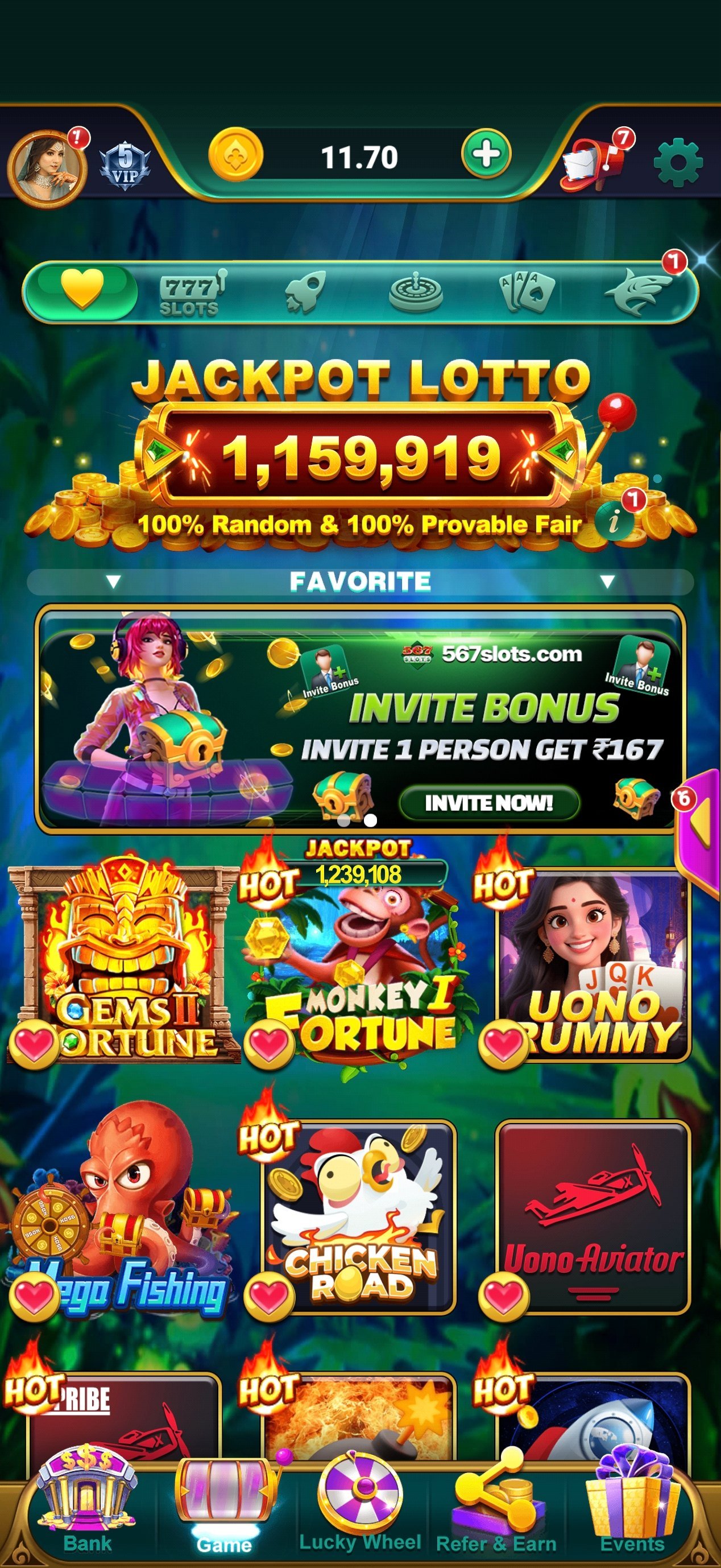 567 Slots APK — yono 567 slots app main screen showing 567 jackpot, 567 spin and casino games on Android