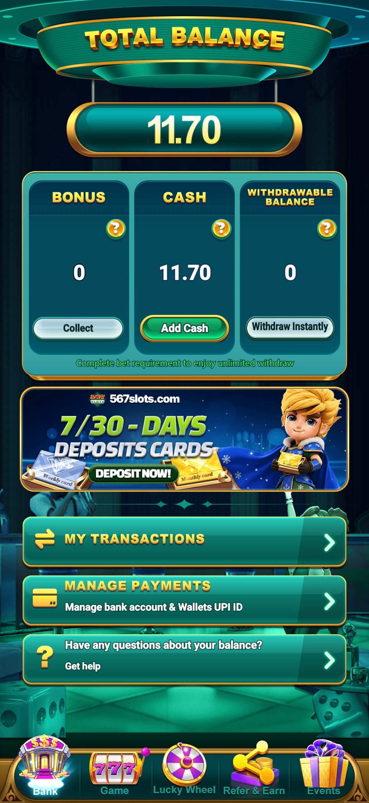 567 slots wallet balance — check coins, deposits and withdrawal history