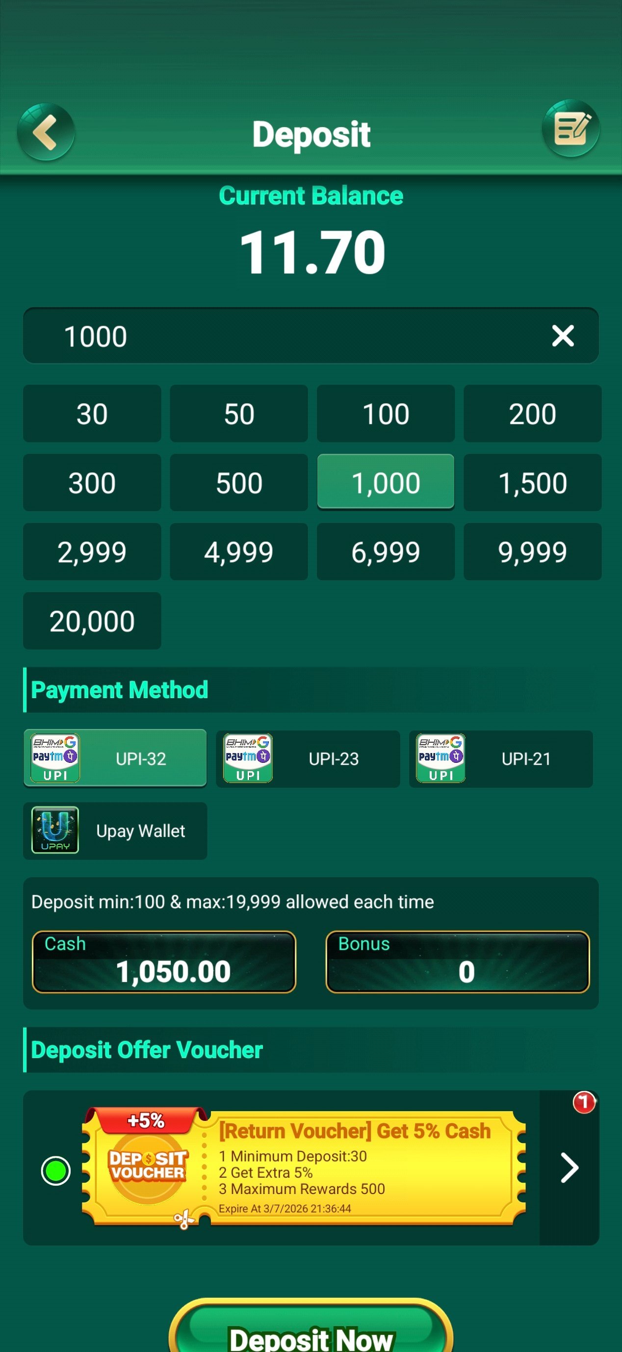 567 slots deposit screen — add funds using UPI and Indian payment methods