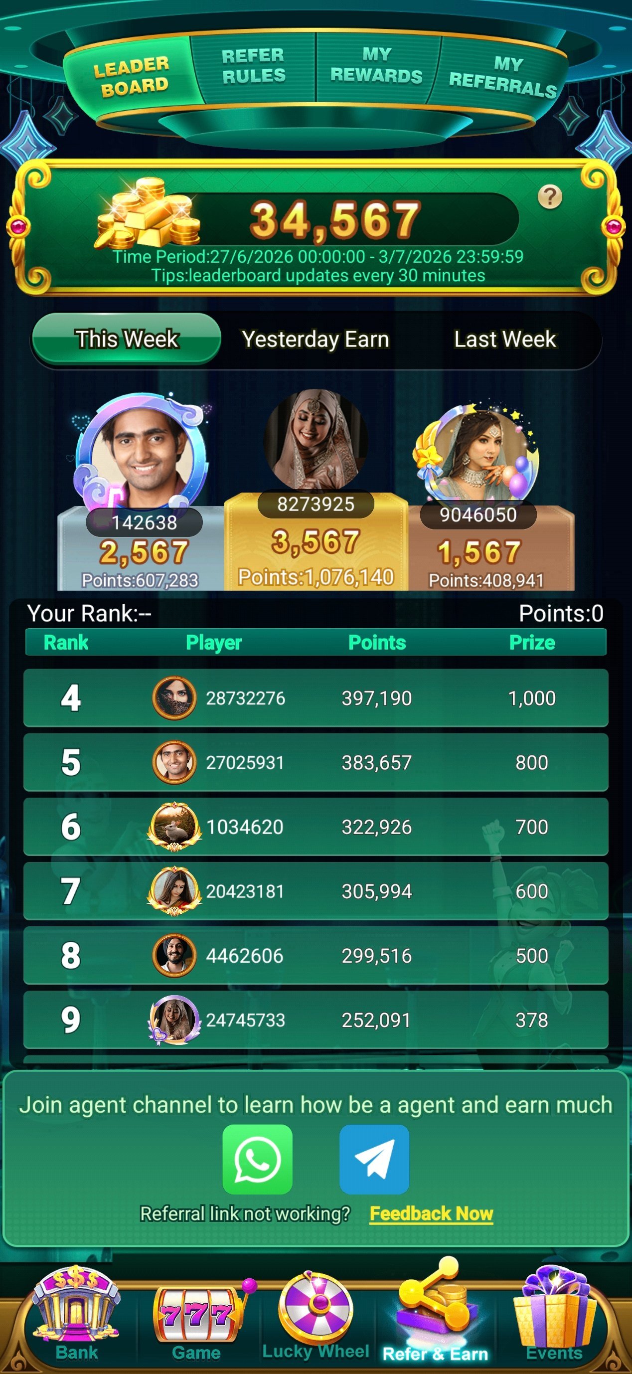 567 slots leaderboard — weekly top players ranking and 567 jackpot prize pool
