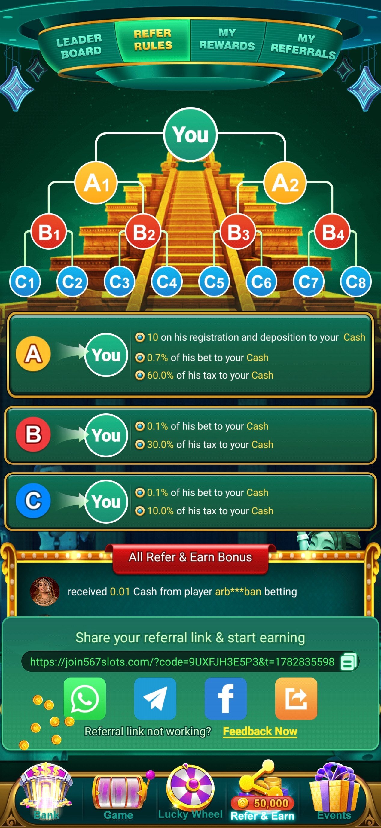 567 slots referral rules — how the refer and earn commission works