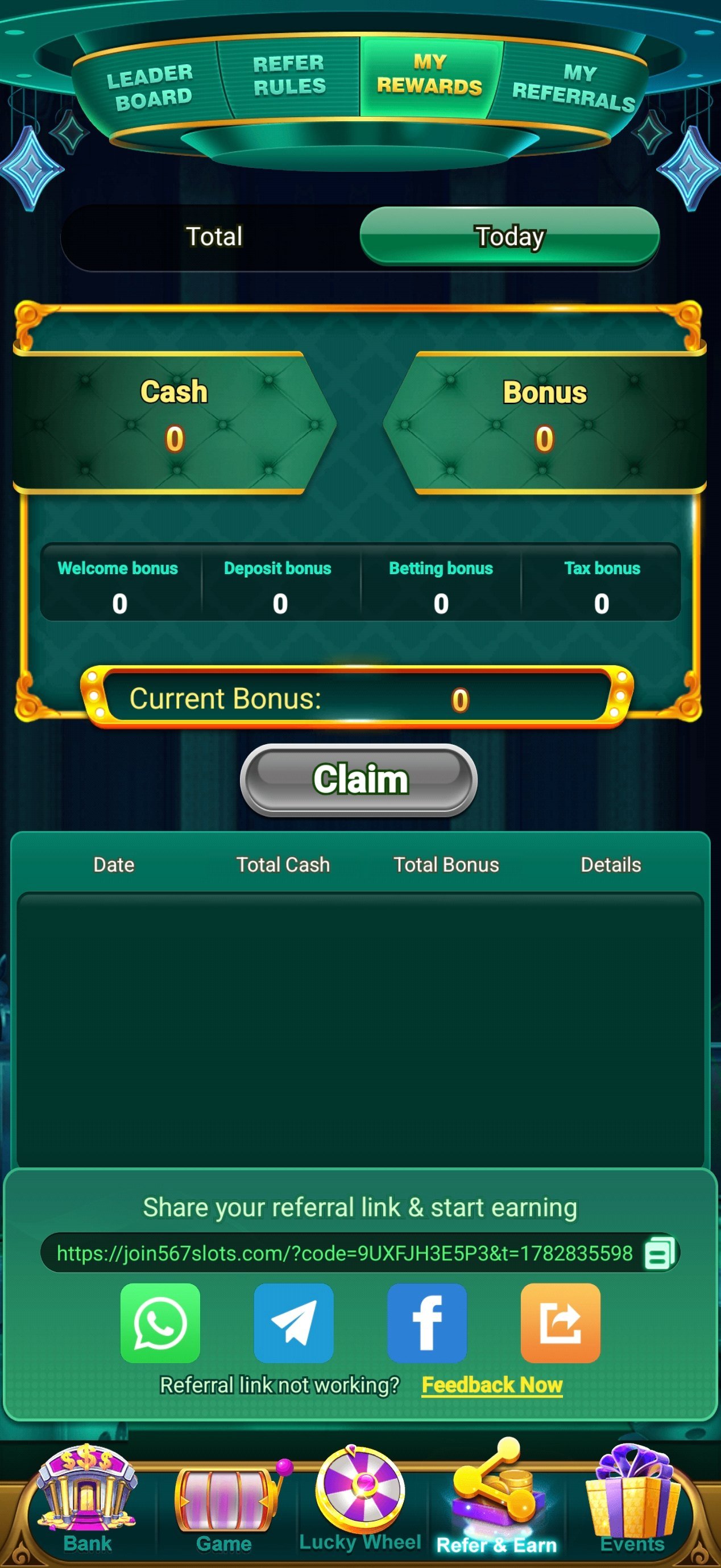 567 slots referral rewards — earnings dashboard for invited friends