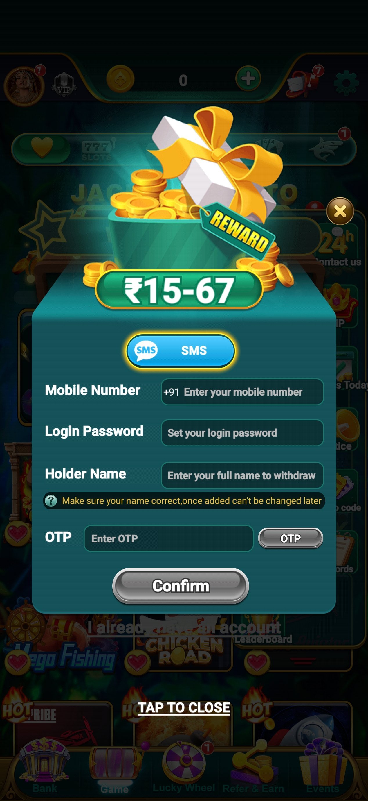 567 slots apk registration screen — create yono 567 slots account on Android